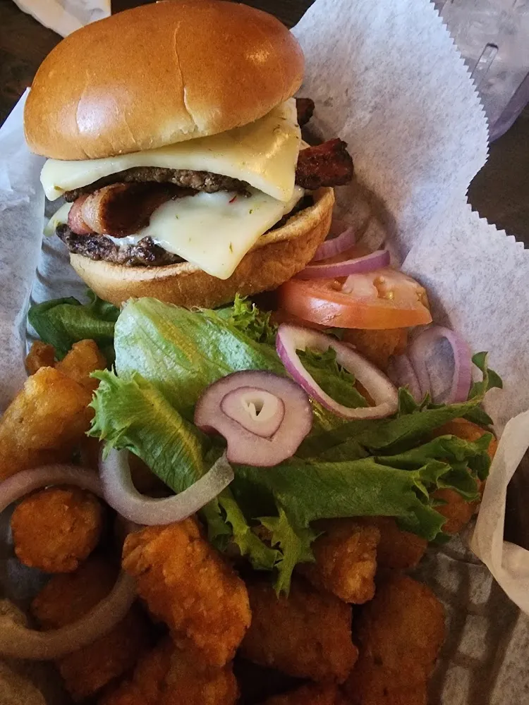 Double Cheeseburger with Bacon and Tots
